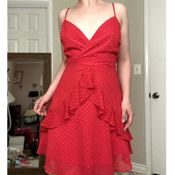 Cute Small Red Jacquard Swiss Dot Sheer Overlay V Neck Mini Dress - Picture 2 of 3